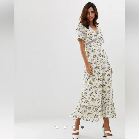 ASOS Lace Insert Button Through Maxi Tea Dress In Ditsy Floral - Picture 3 of 5